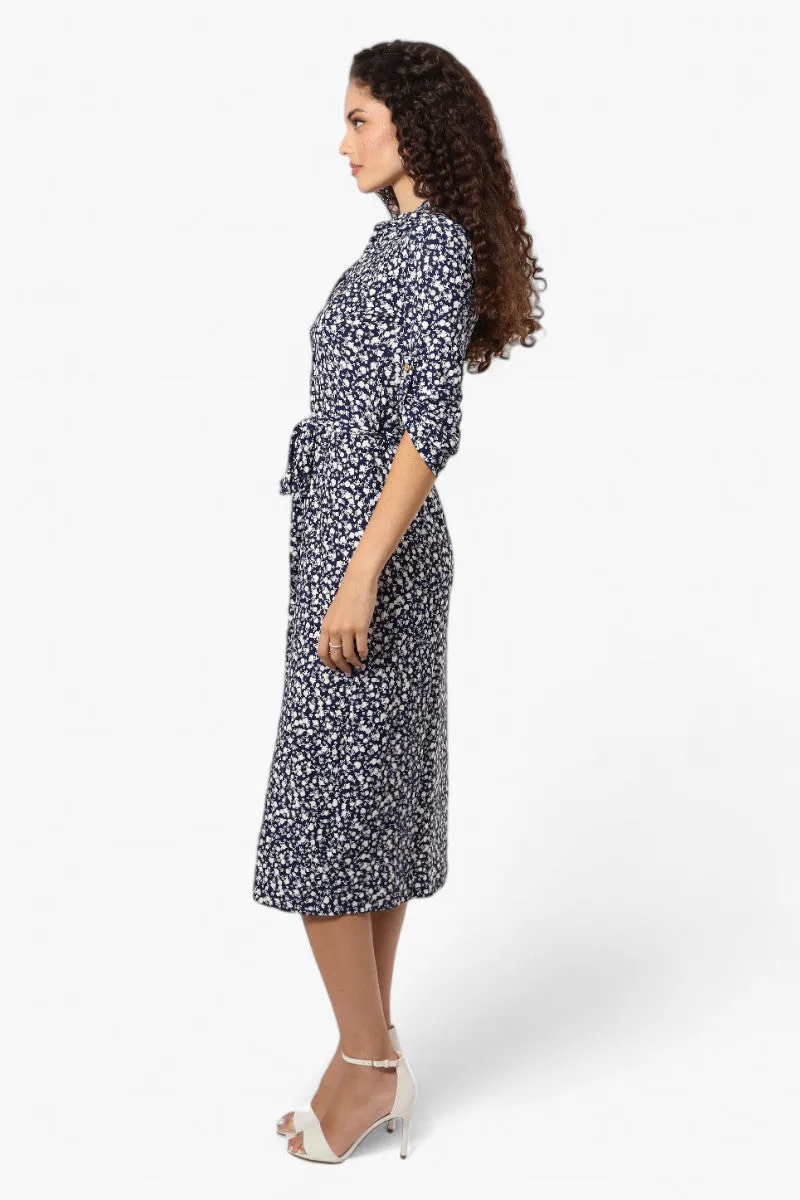 Beechers Brook Belted Floral Roll Up Sleeve Maxi Dress - Navy