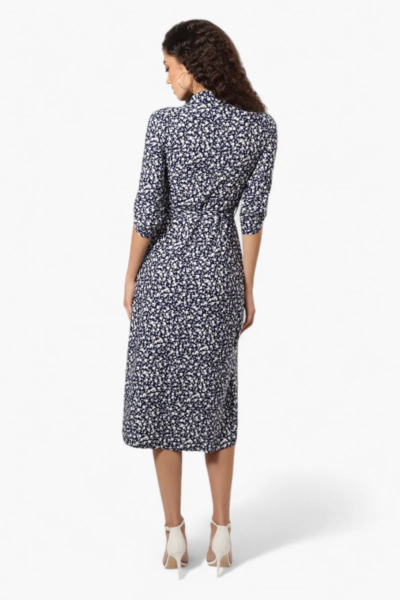 Beechers Brook Belted Floral Roll Up Sleeve Maxi Dress - Navy