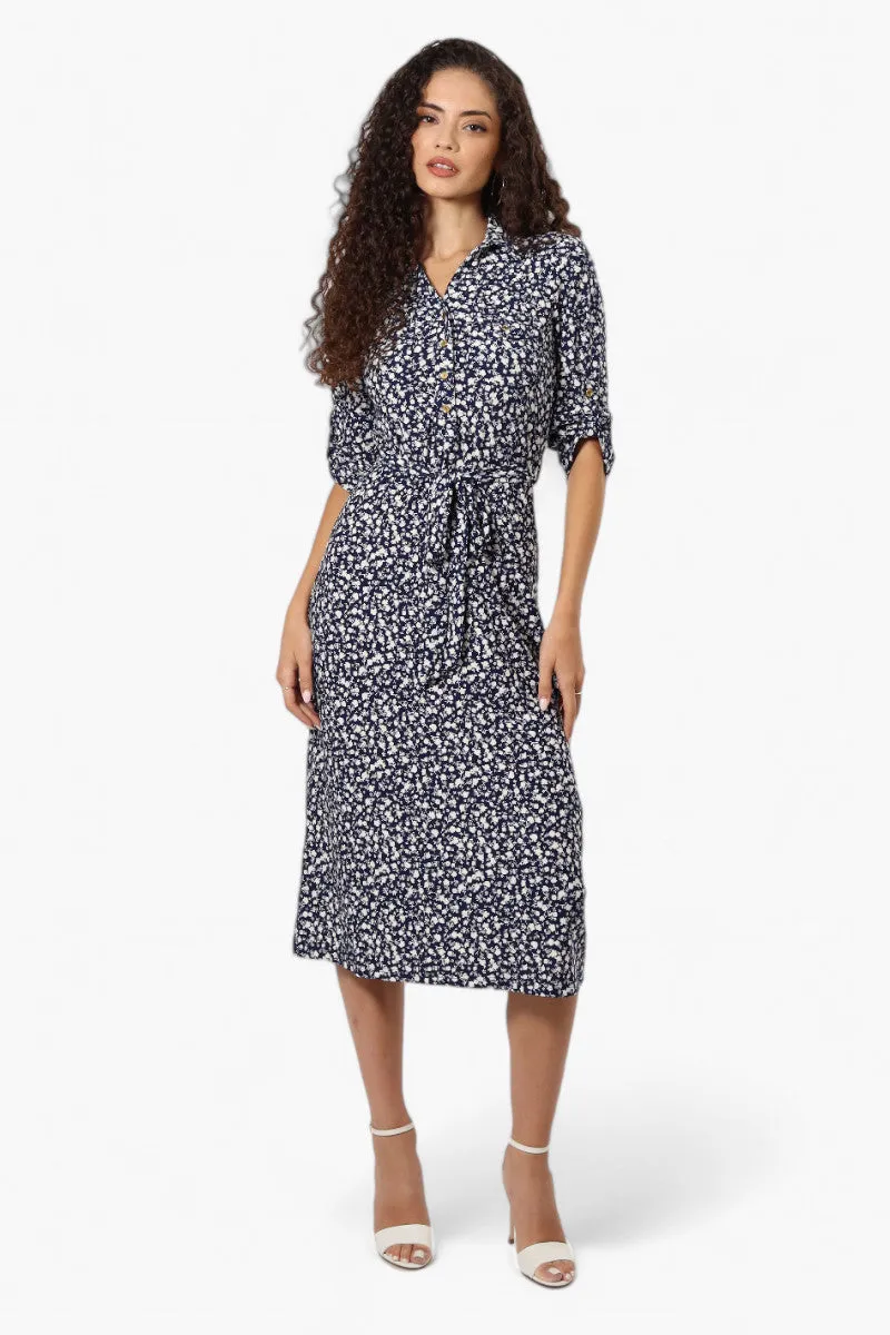 Beechers Brook Belted Floral Roll Up Sleeve Maxi Dress - Navy