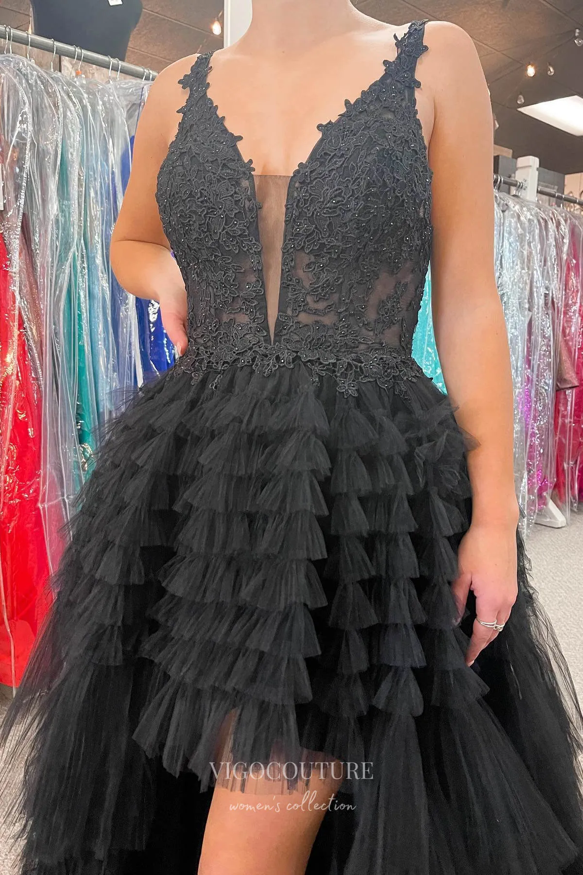 Black High-Low Spaghetti Strap Prom Dress with Lace Applique Bodice and Ruffled Bottom 22203