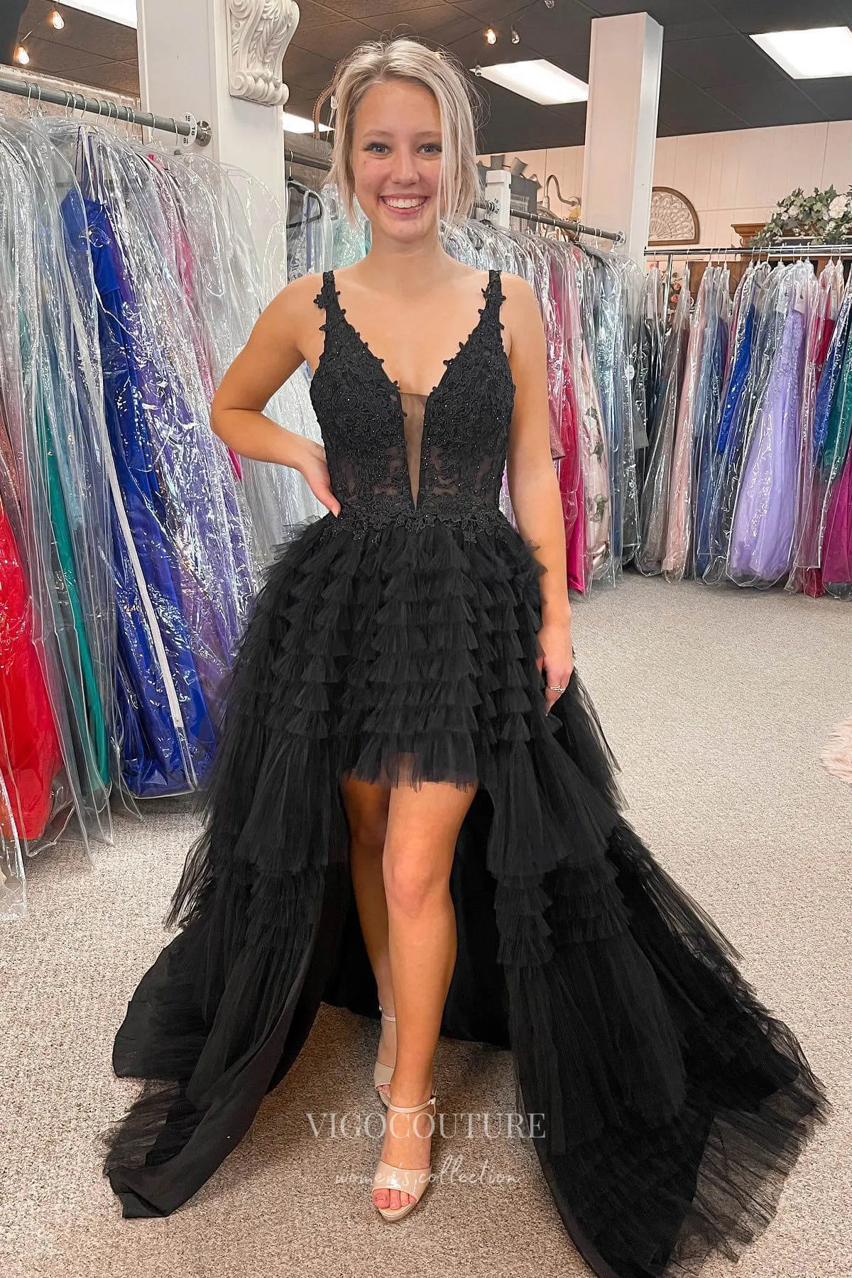 Black High-Low Spaghetti Strap Prom Dress with Lace Applique Bodice and Ruffled Bottom 22203