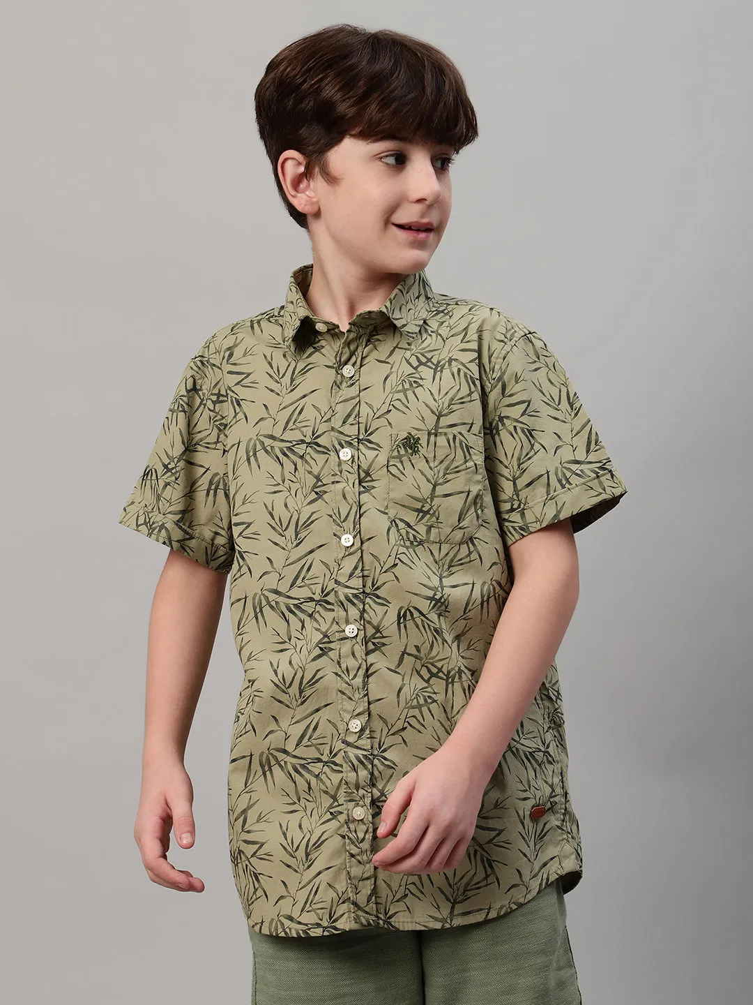 Boy's Olive Green Printed Half Sleeve Shirt