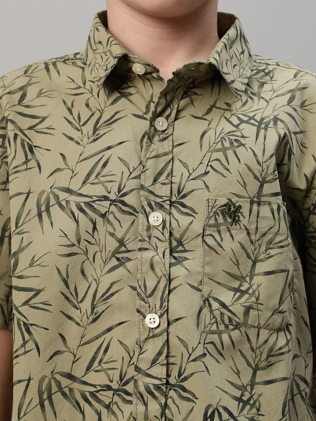 Boy's Olive Green Printed Half Sleeve Shirt