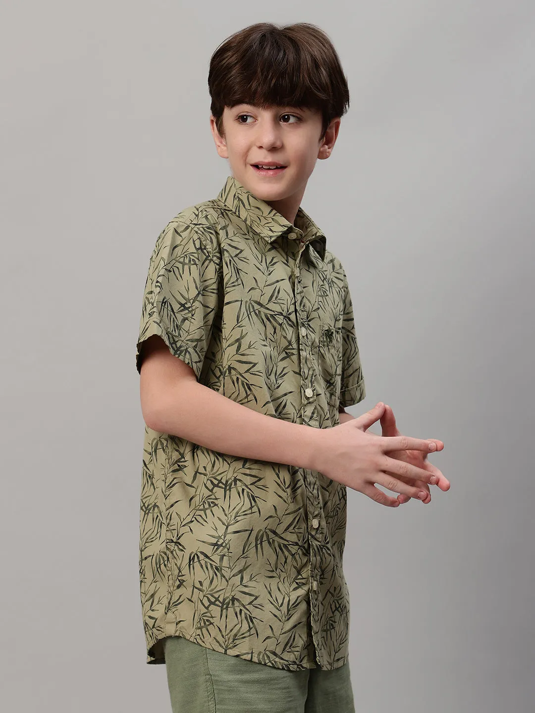 Boy's Olive Green Printed Half Sleeve Shirt