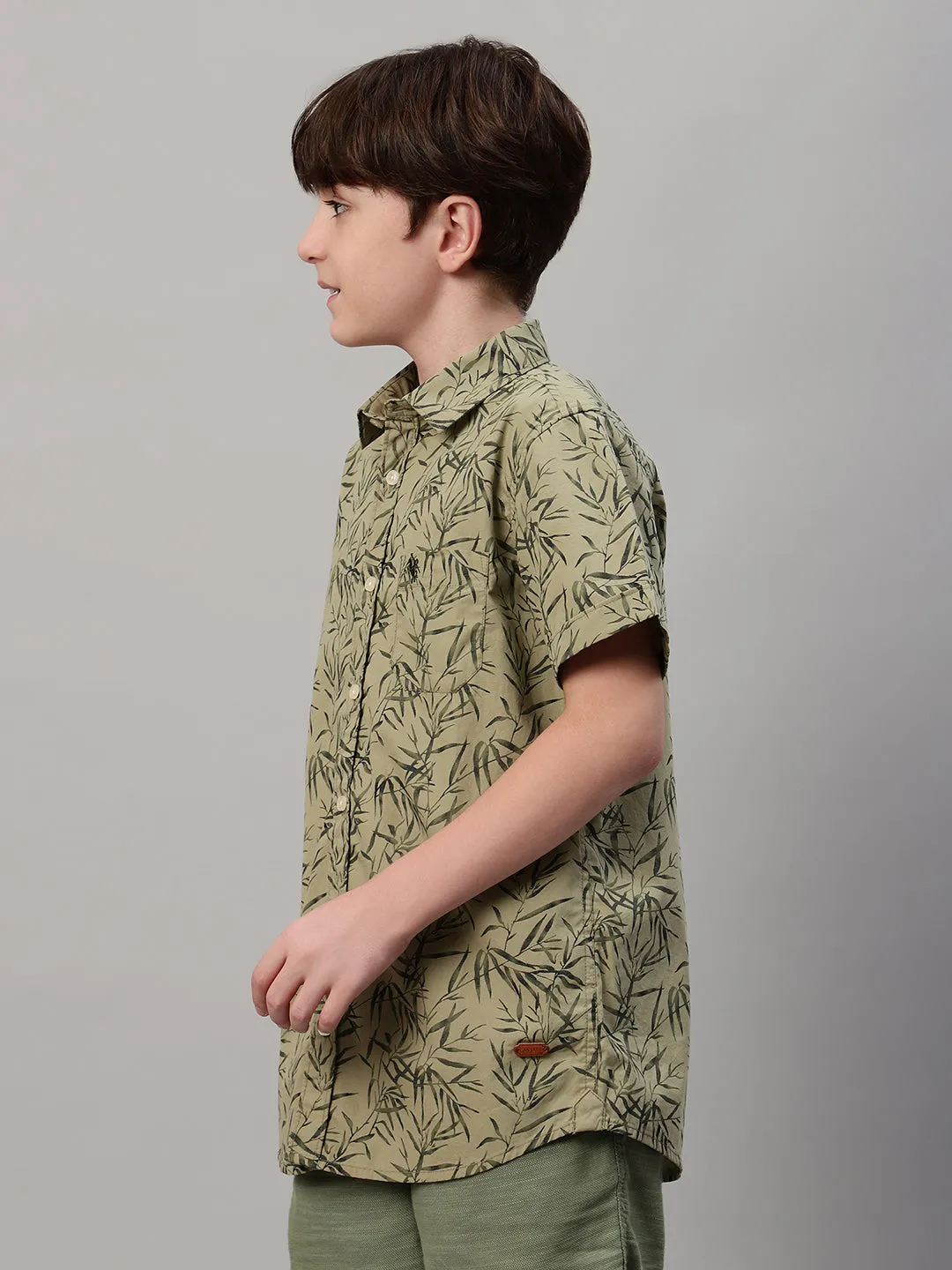 Boy's Olive Green Printed Half Sleeve Shirt