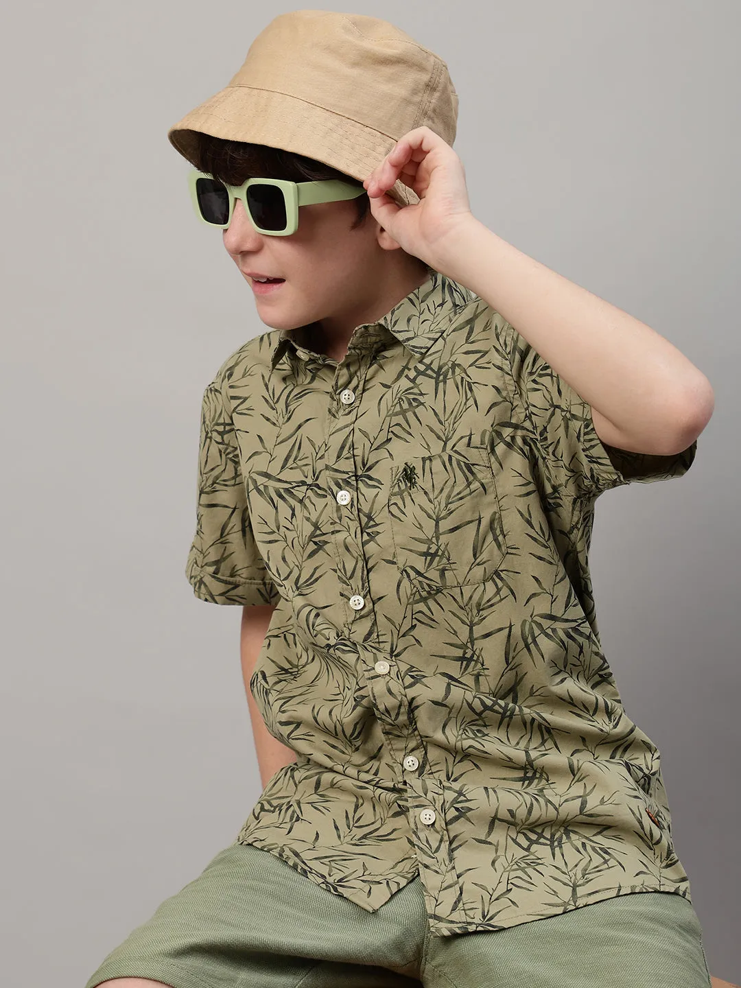 Boy's Olive Green Printed Half Sleeve Shirt