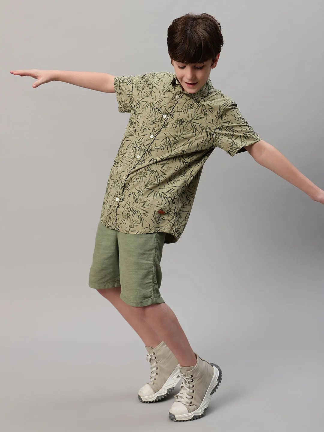 Boy's Olive Green Printed Half Sleeve Shirt