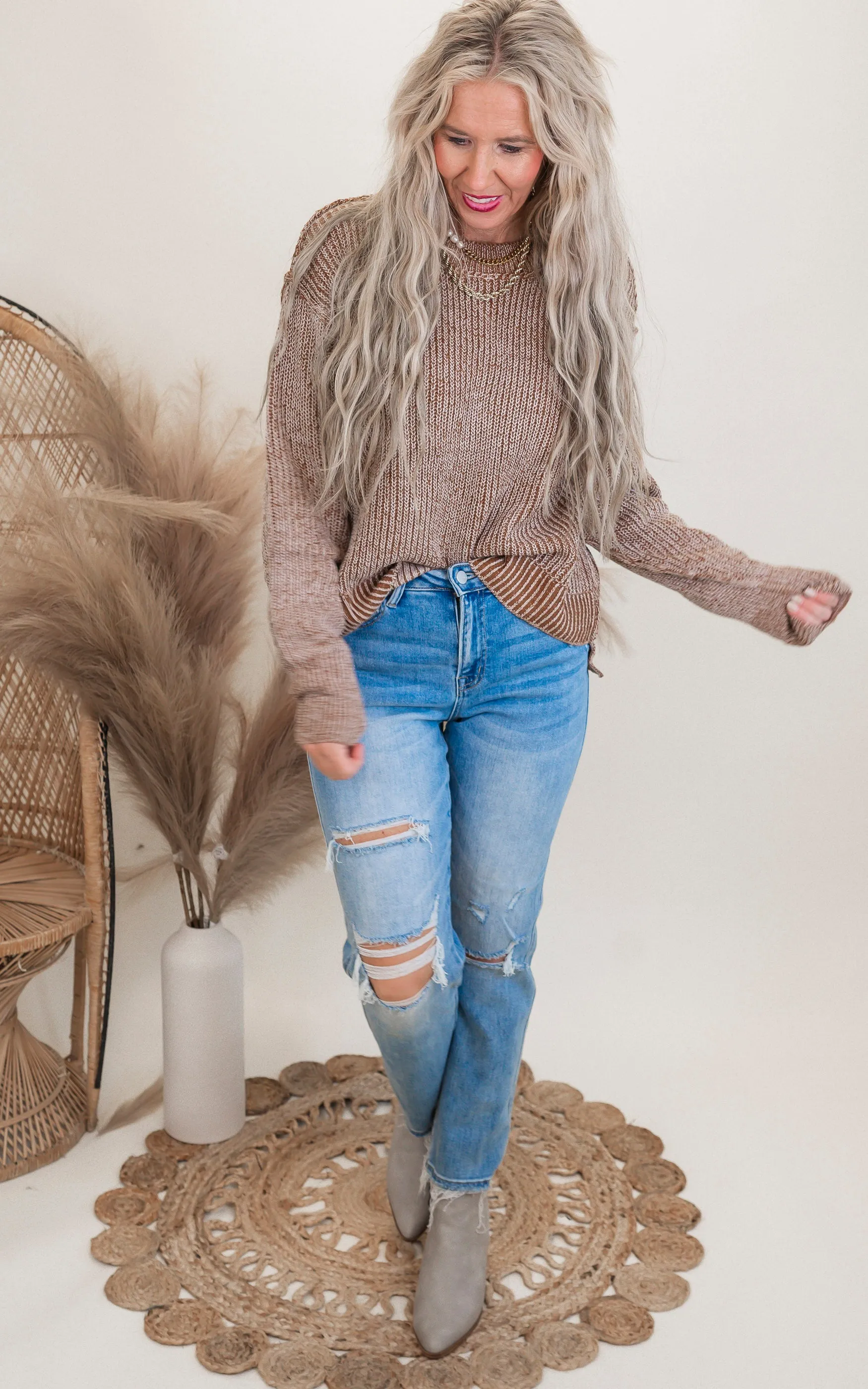 Brown Long Sleeve Solid Knit Sweater