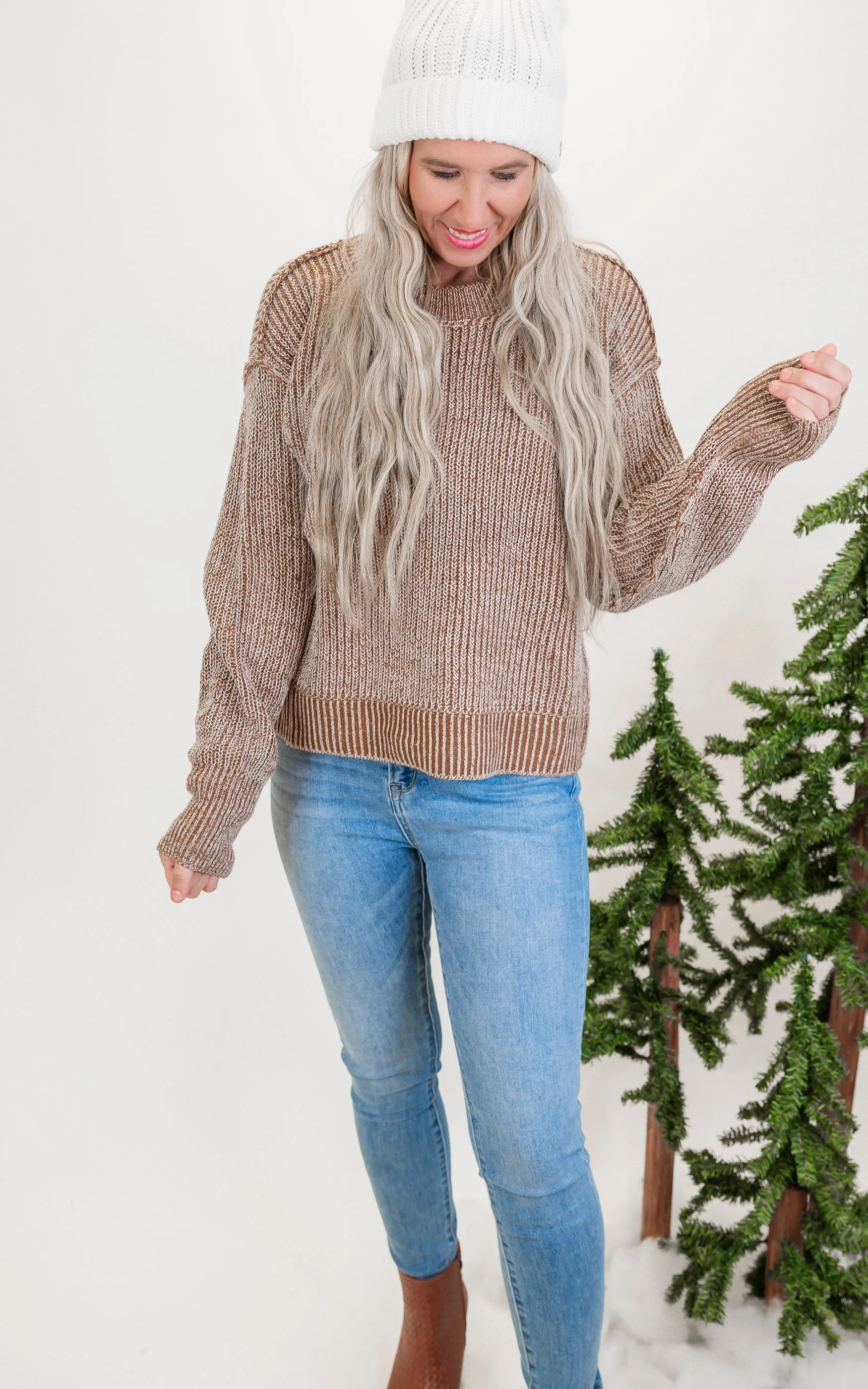 Brown Long Sleeve Solid Knit Sweater