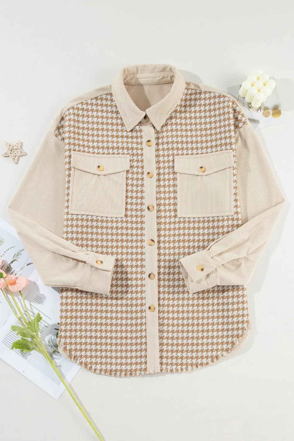 Button-Down Corduroy Jacket with Houndstooth Pattern