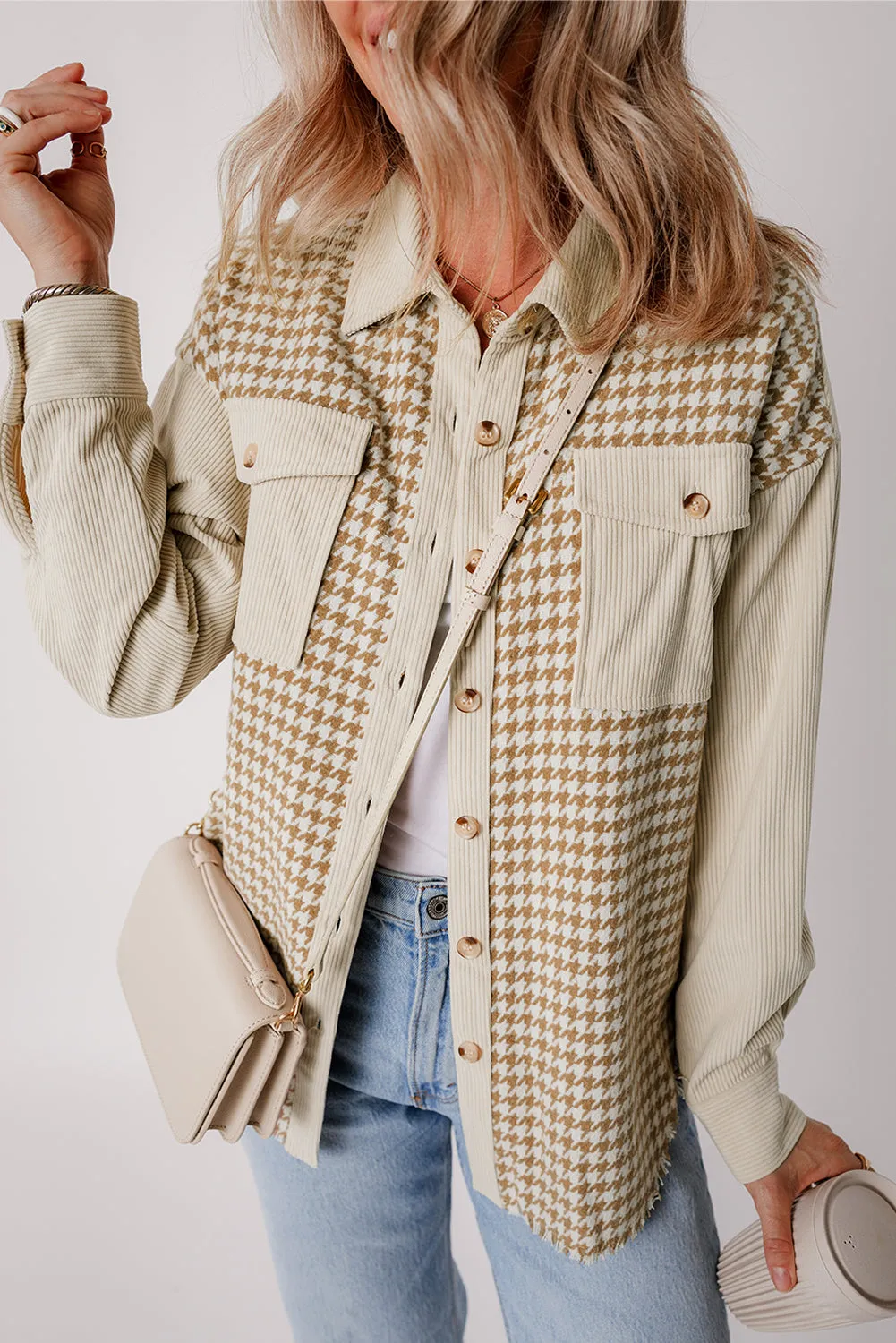 Button-Down Corduroy Jacket with Houndstooth Pattern