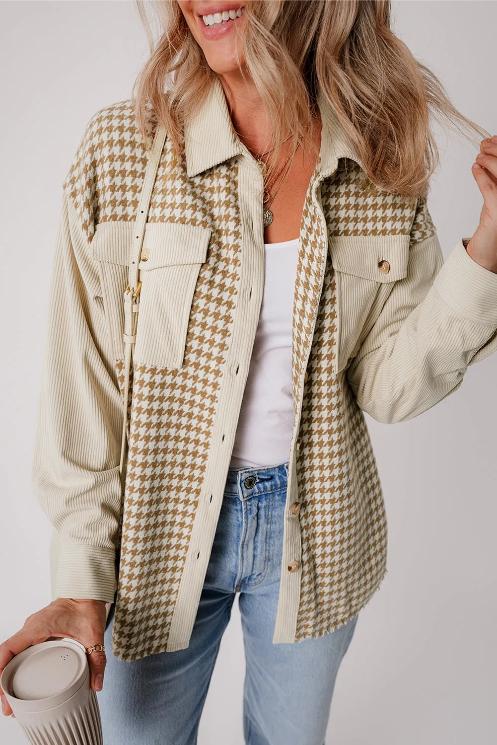 Button-Down Corduroy Jacket with Houndstooth Pattern