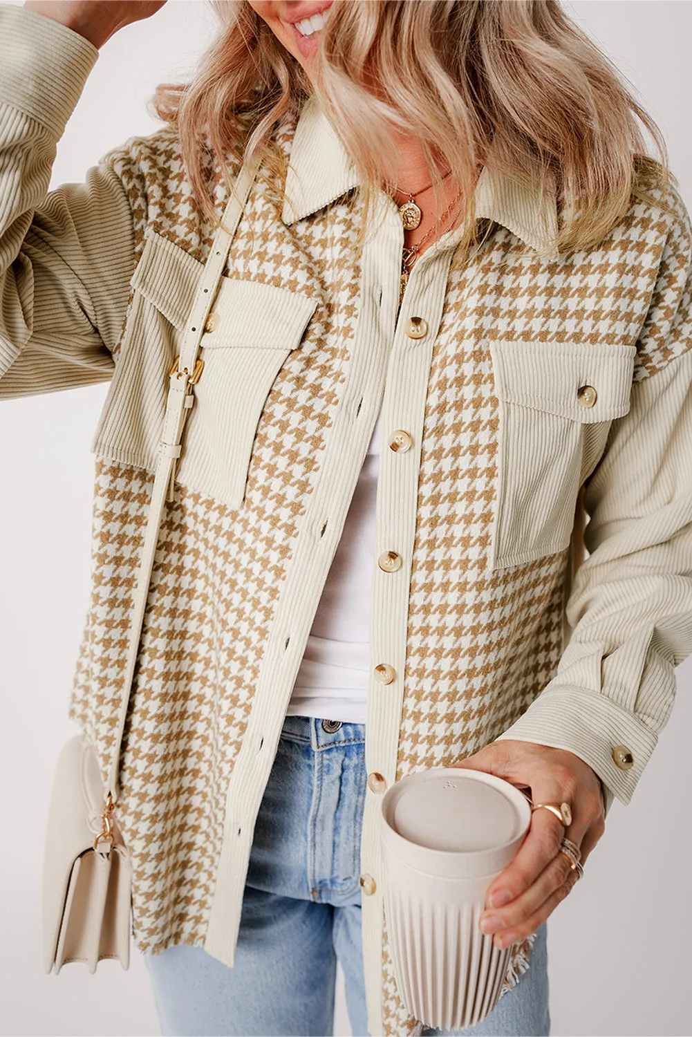 Button-Down Corduroy Jacket with Houndstooth Pattern