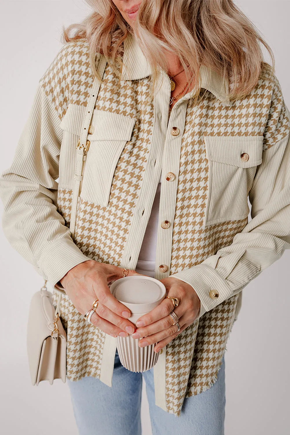 Button-Down Corduroy Jacket with Houndstooth Pattern