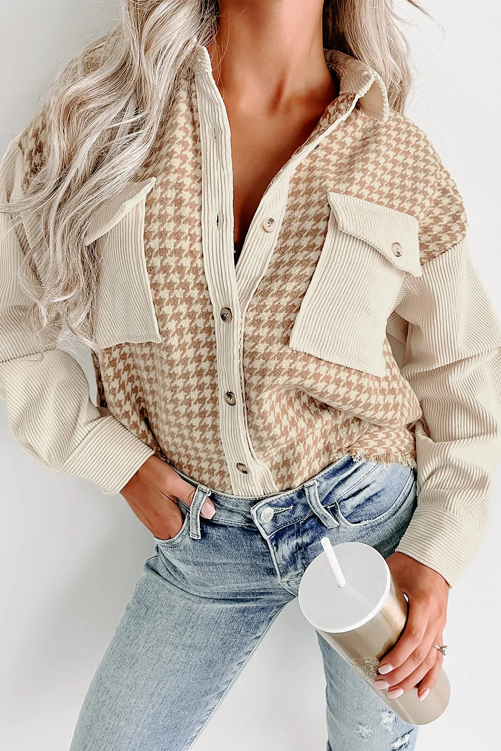 Button-Down Corduroy Jacket with Houndstooth Pattern