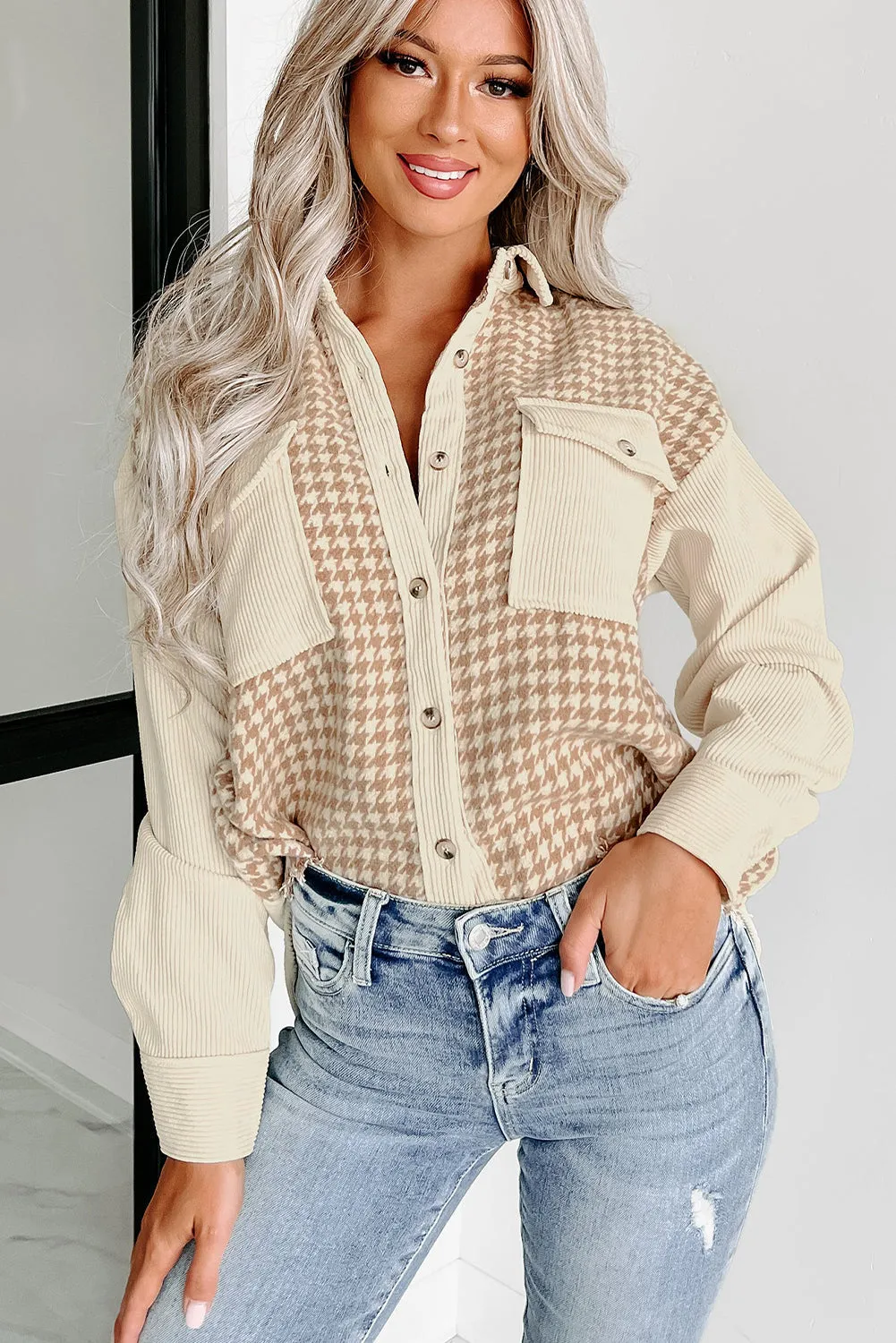 Button-Down Corduroy Jacket with Houndstooth Pattern