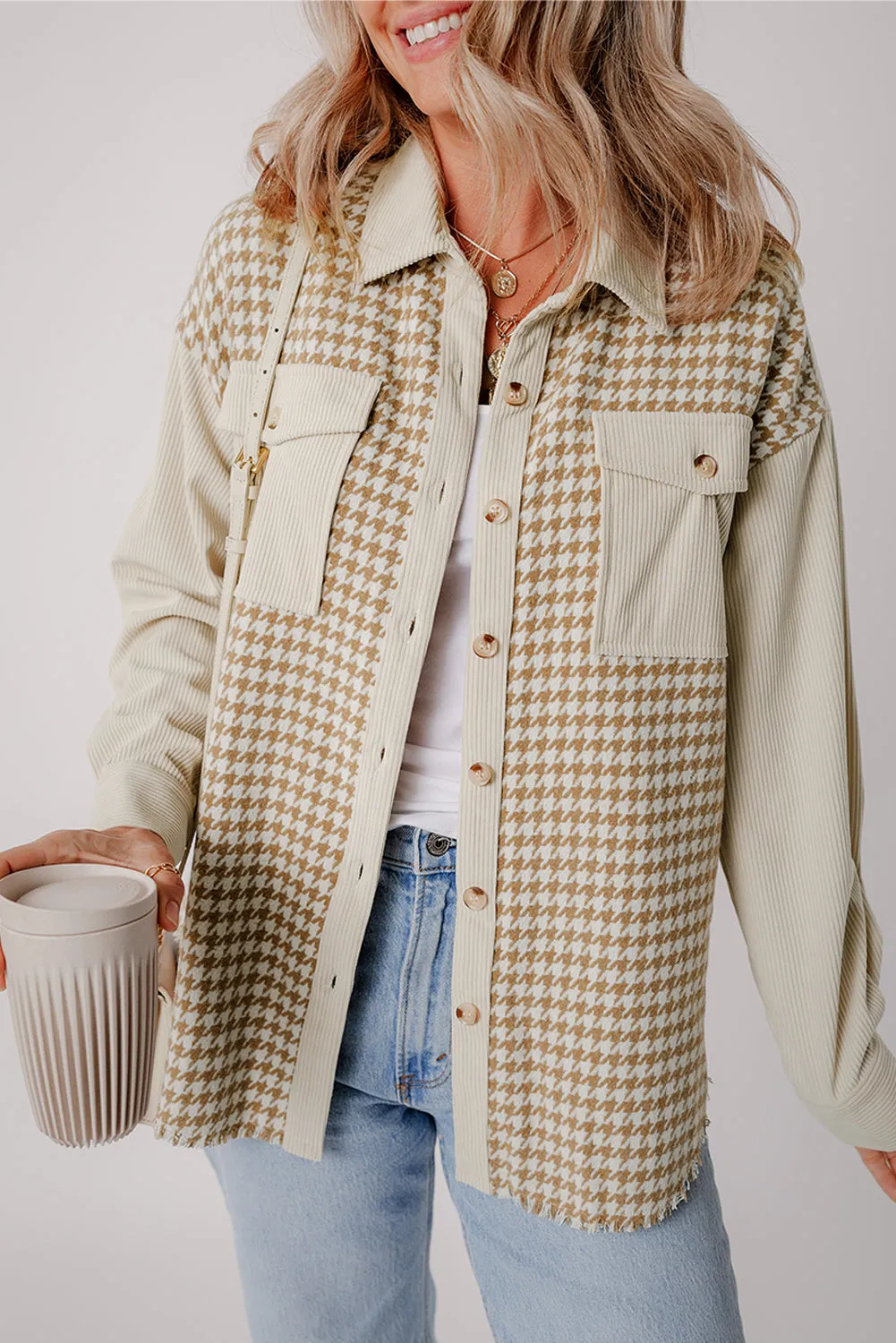 Button-Down Corduroy Jacket with Houndstooth Pattern