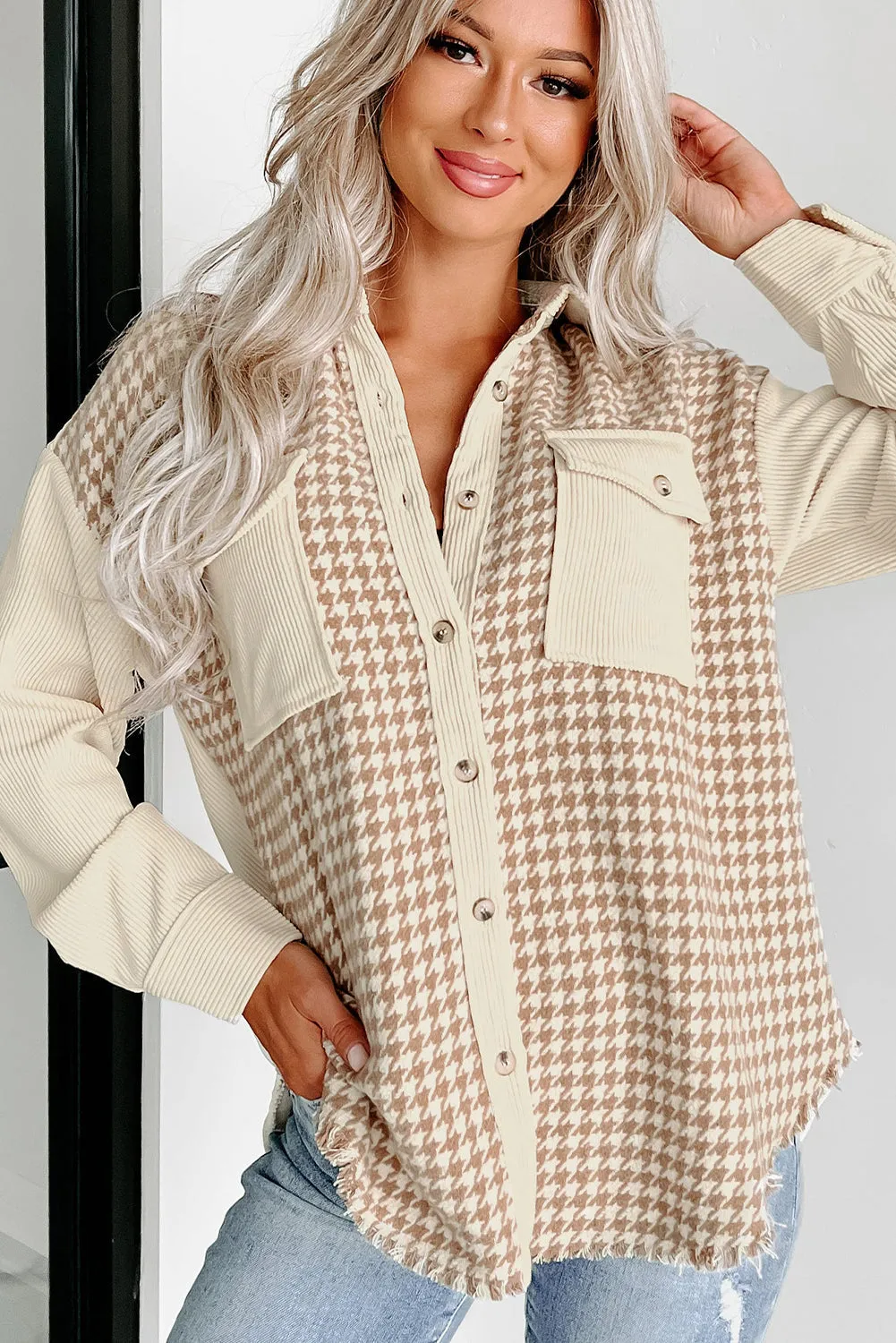 Button-Down Corduroy Jacket with Houndstooth Pattern