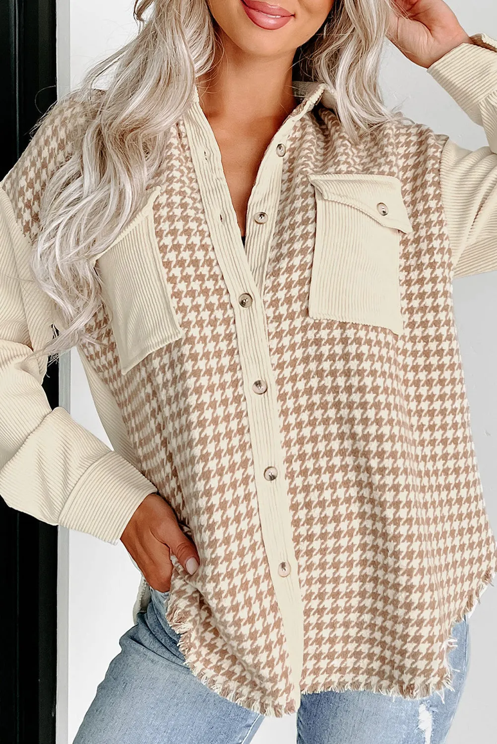 Button-Down Corduroy Jacket with Houndstooth Pattern