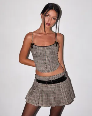 Casini Pleated Micro Skirt in Micro Check Brown