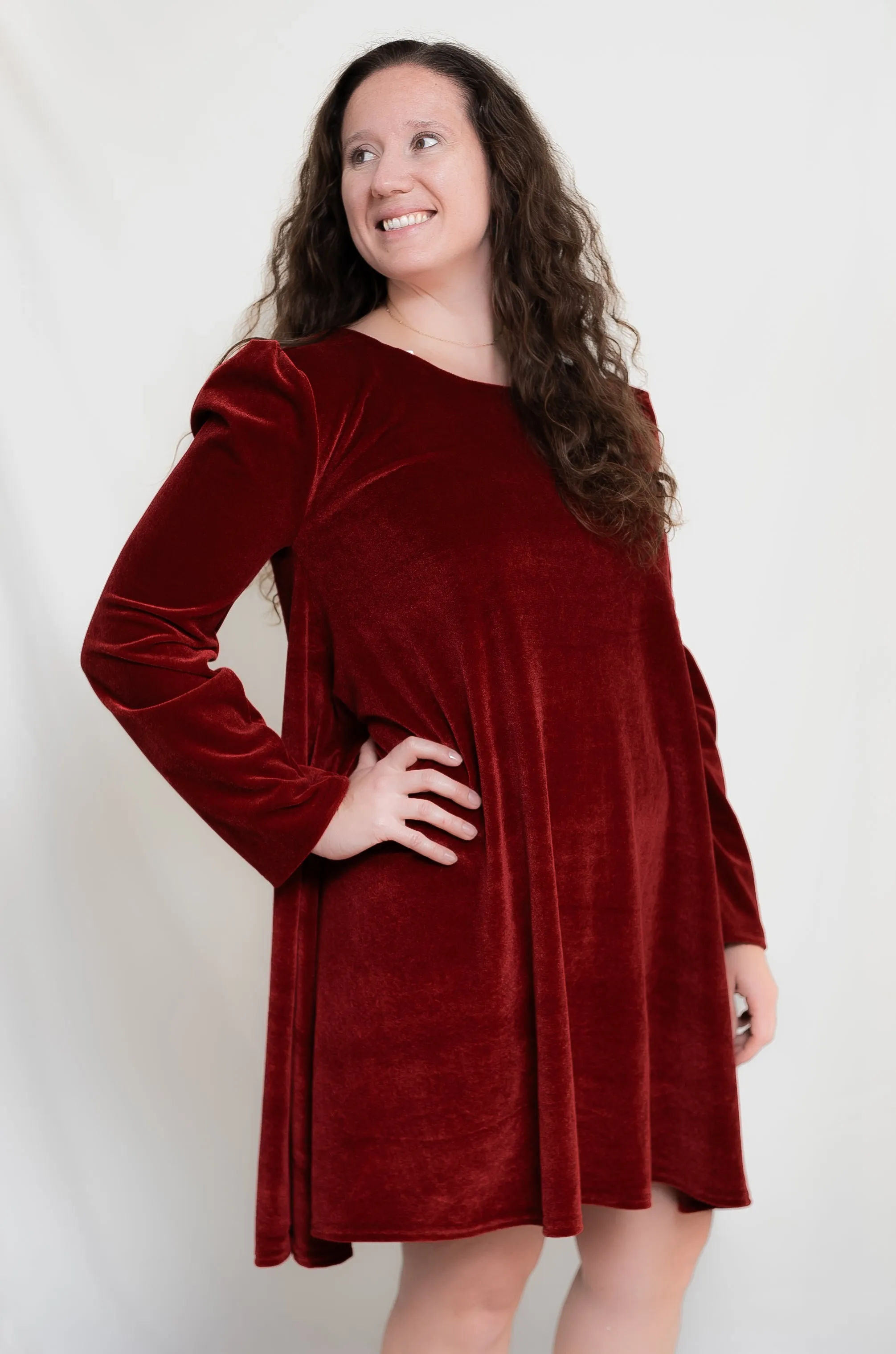 Cherry Red Velvet Long Sleeve A-Line Swing Dress