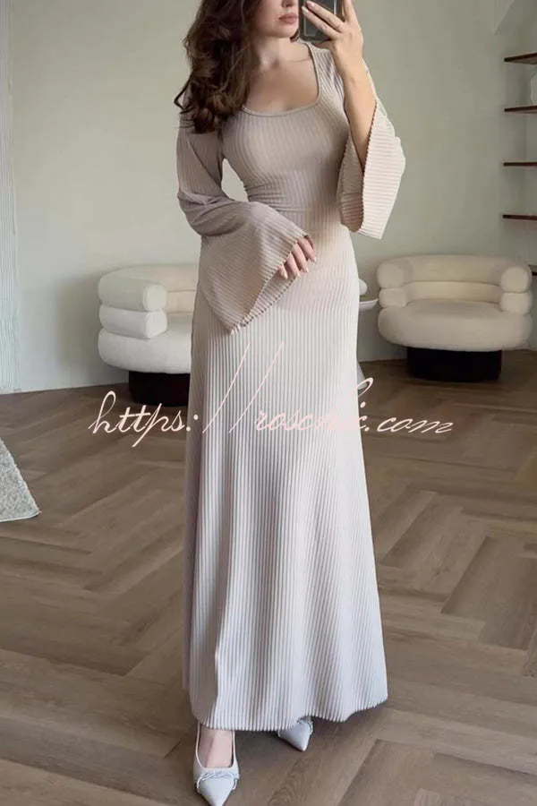 Comfortable Elegance Ribbed Bell Long Sleeve Stretch Maxi Dress