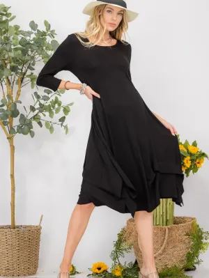 Comfortable Round Neck Midi Dress with Asymmetric Hem & Side Pockets