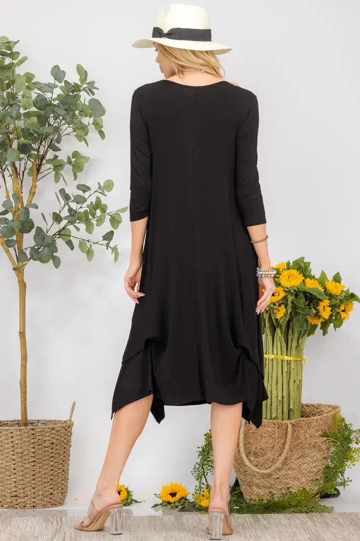 Comfortable Round Neck Midi Dress with Asymmetric Hem & Side Pockets