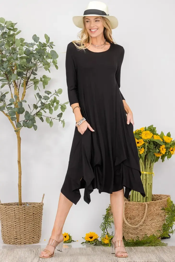 Comfortable Round Neck Midi Dress with Asymmetric Hem & Side Pockets