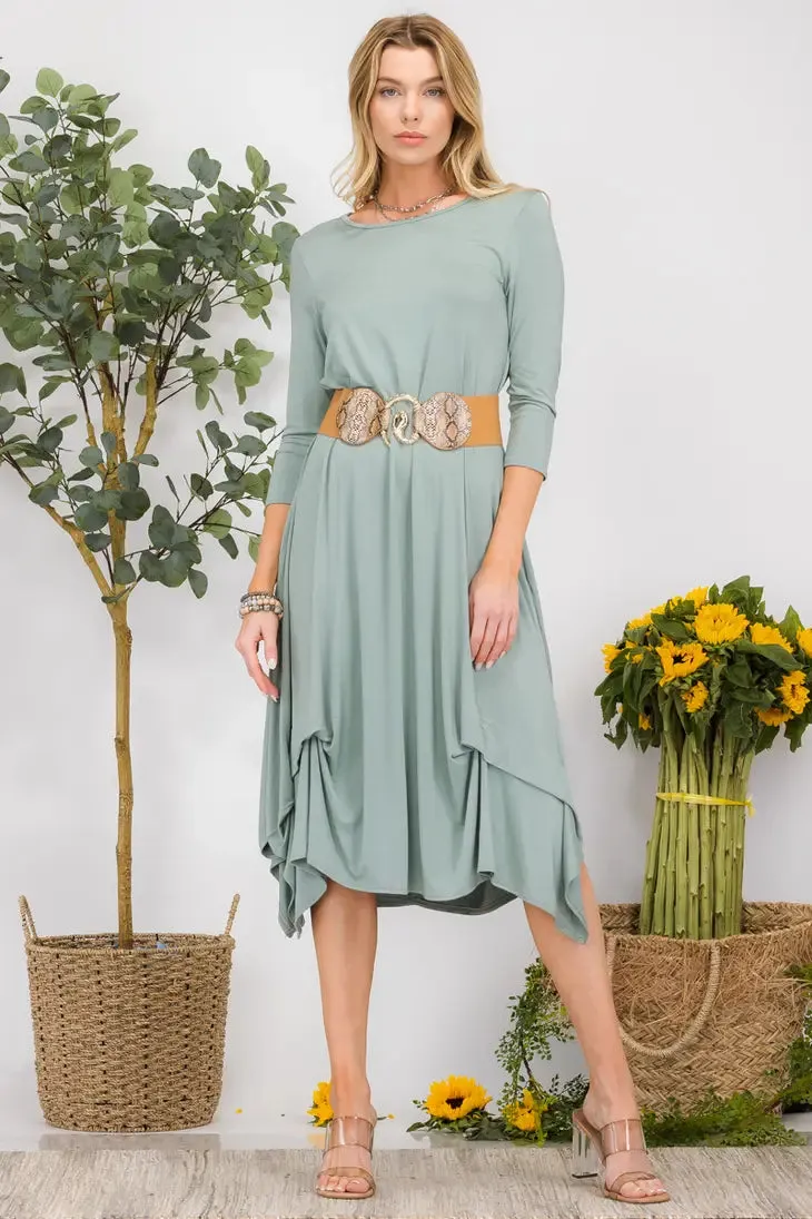 Comfortable Round Neck Midi Dress with Asymmetric Hem & Side Pockets