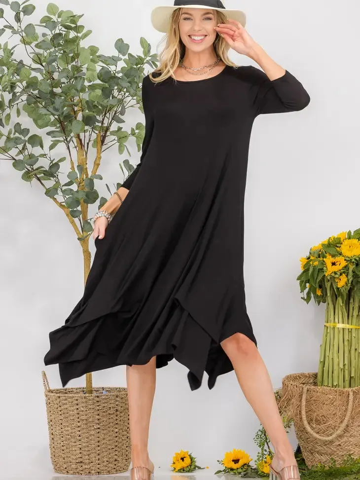 Comfortable Round Neck Midi Dress with Asymmetric Hem & Side Pockets