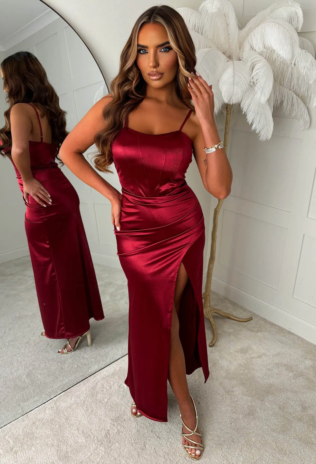 Draped In Love Burgundy Stretch Satin Corset Dress