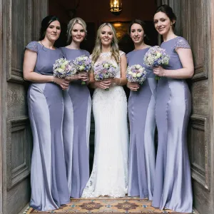 Dusty Blue And Gray Short Sleeves Soft Mermaid Round Neck Long Bridesmaid Dresses