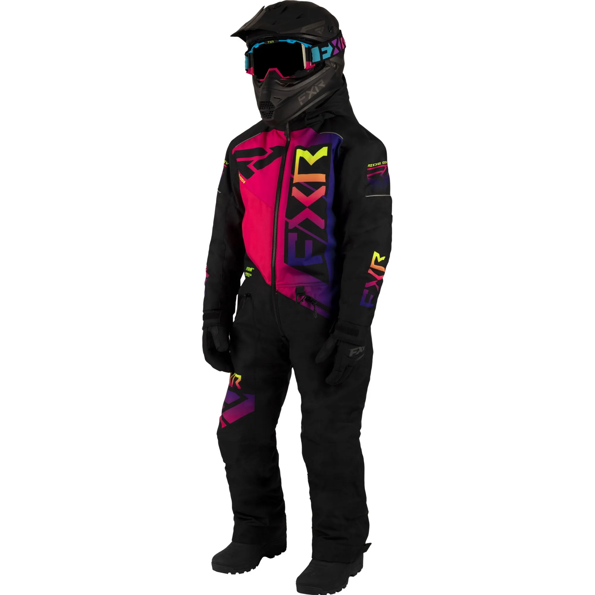 FXR Child Helium Snowmobile Monosuit Black/Neon Fusion Pink