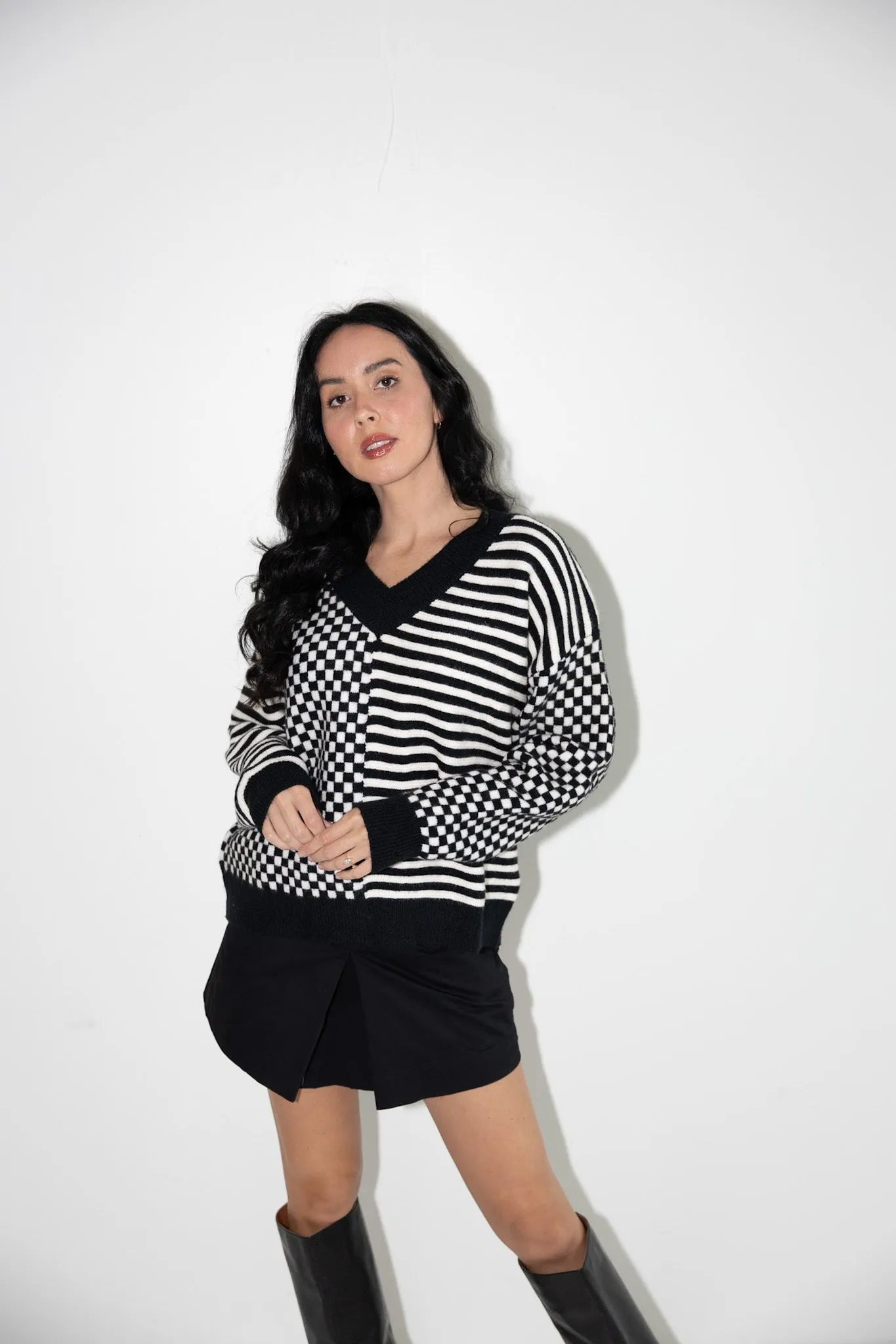 Graphic Checkered & Striped V-Neck Sweater