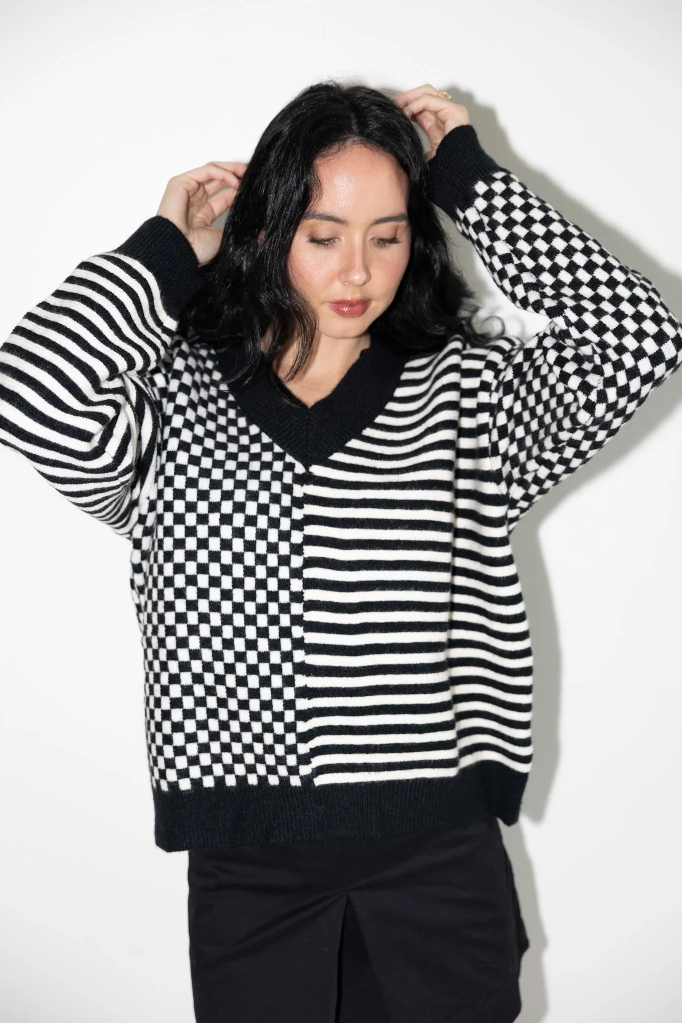 Graphic Checkered & Striped V-Neck Sweater