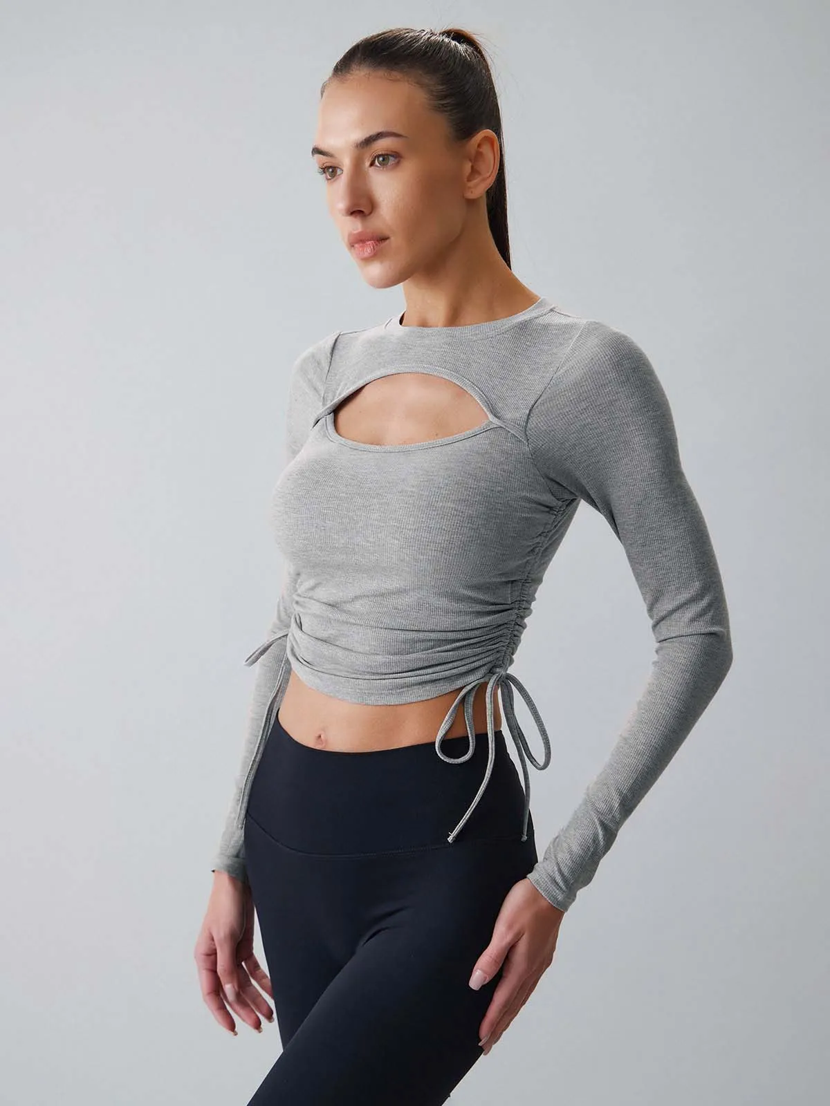 Grey Cut Out Drawstring Long Sleeve Top - Light Support