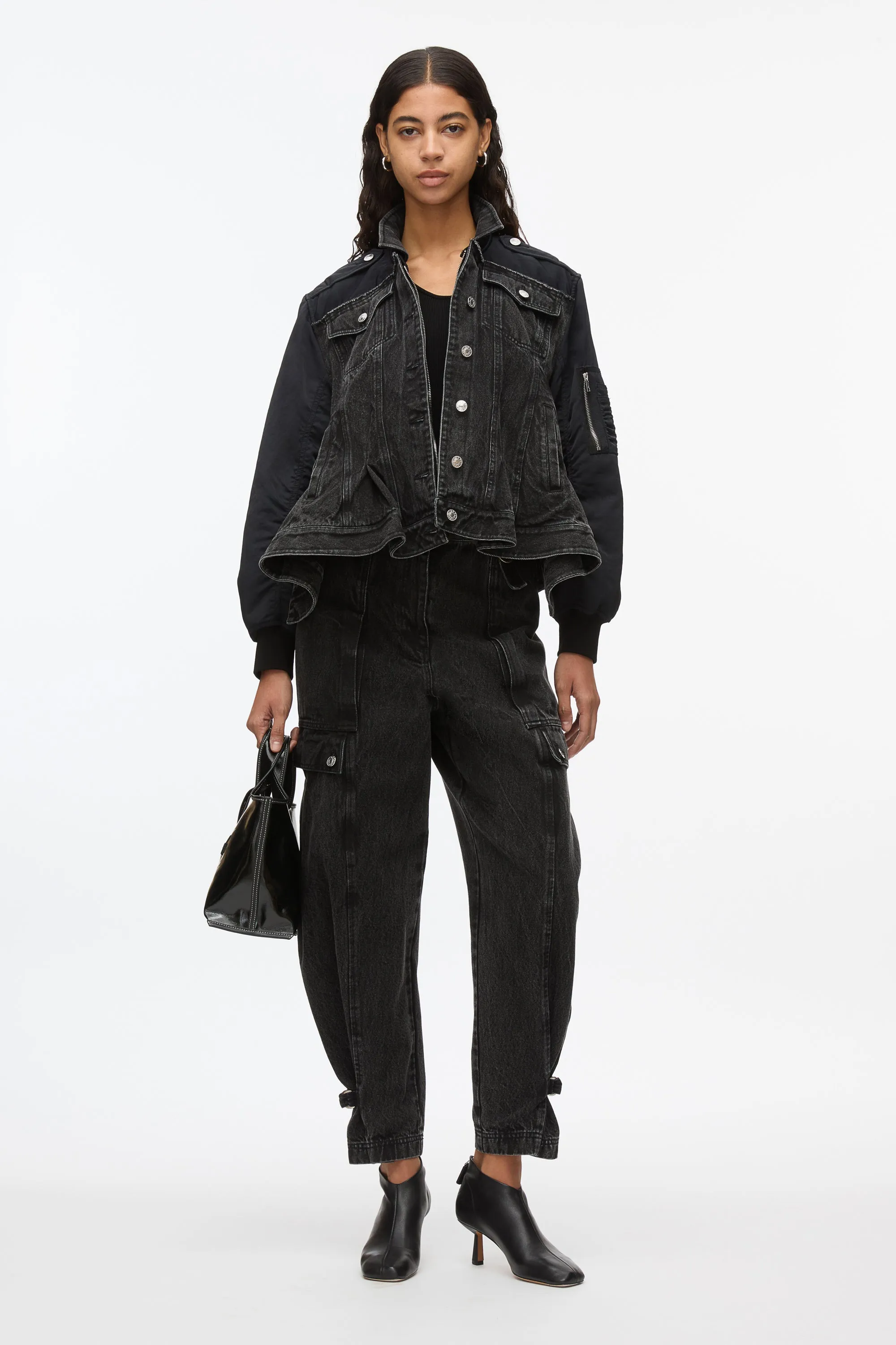 Hybrid Denim Flight Jacket With Flounce Hem