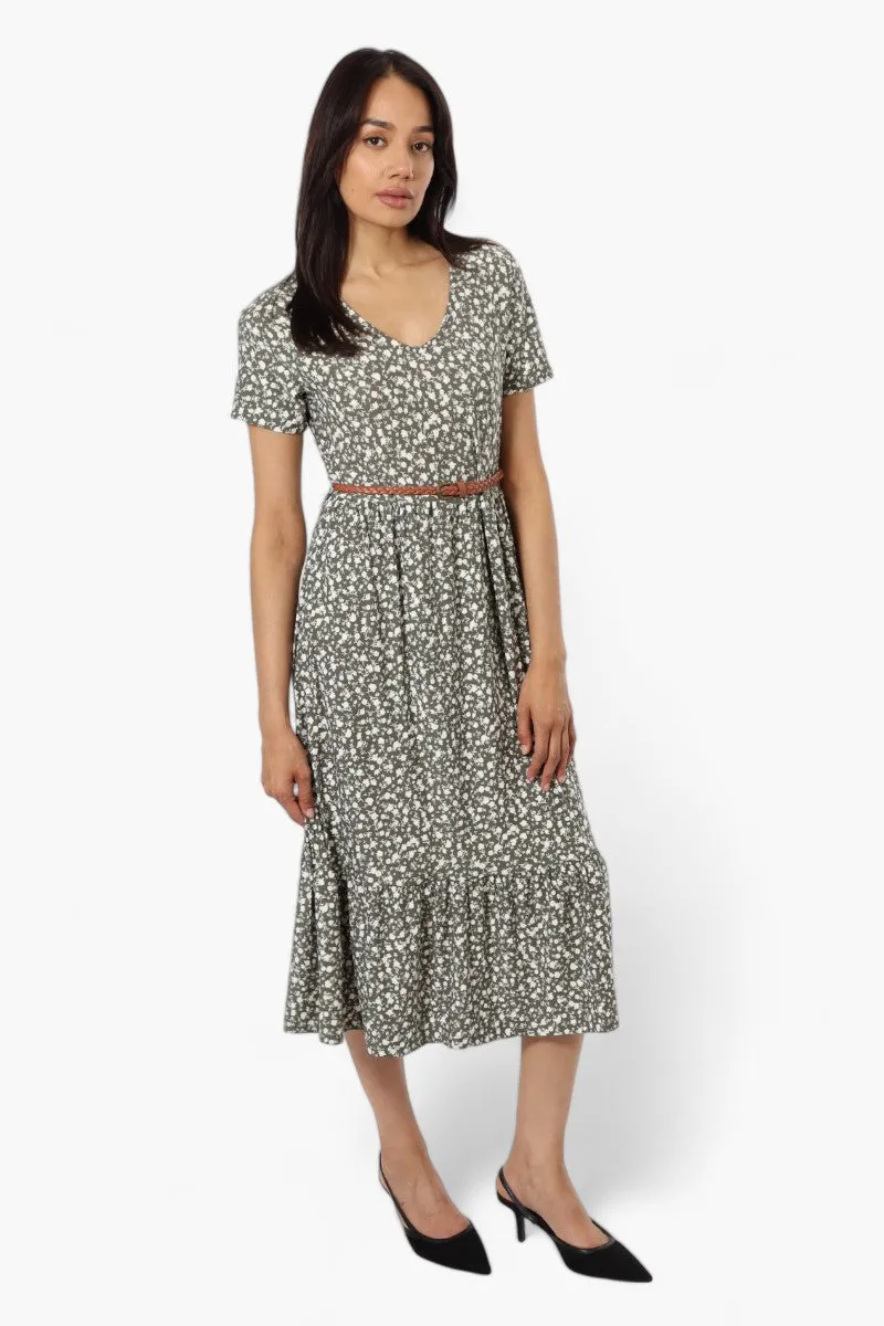 International INC Company Belted Floral Maxi Dress - Olive