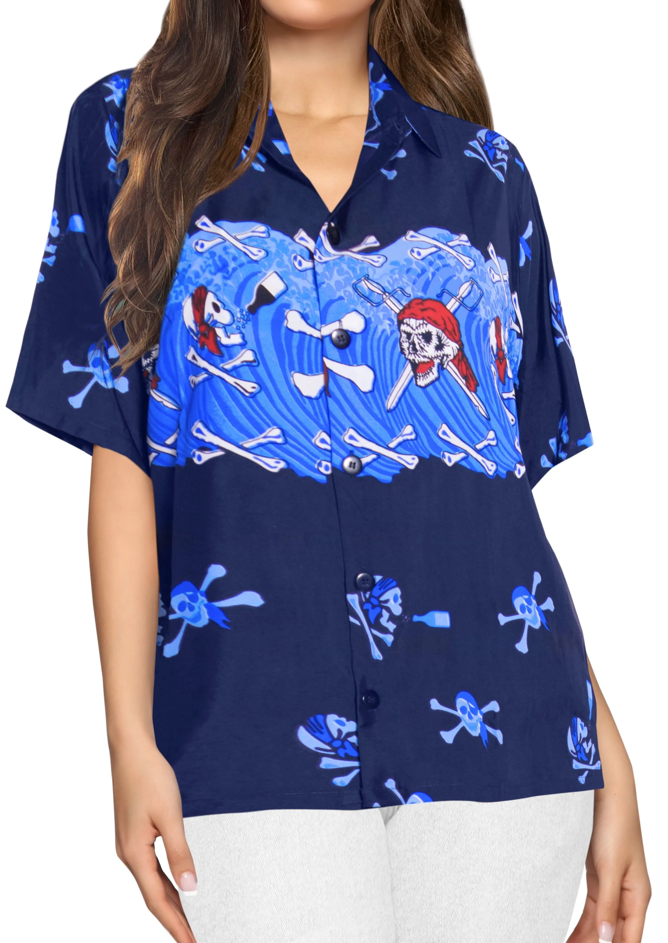 LA LEELA Womens Skull Halloween Costume Casual Beach Hawaiian Shirts Printed Blue Skull pirates printed Blue_W970