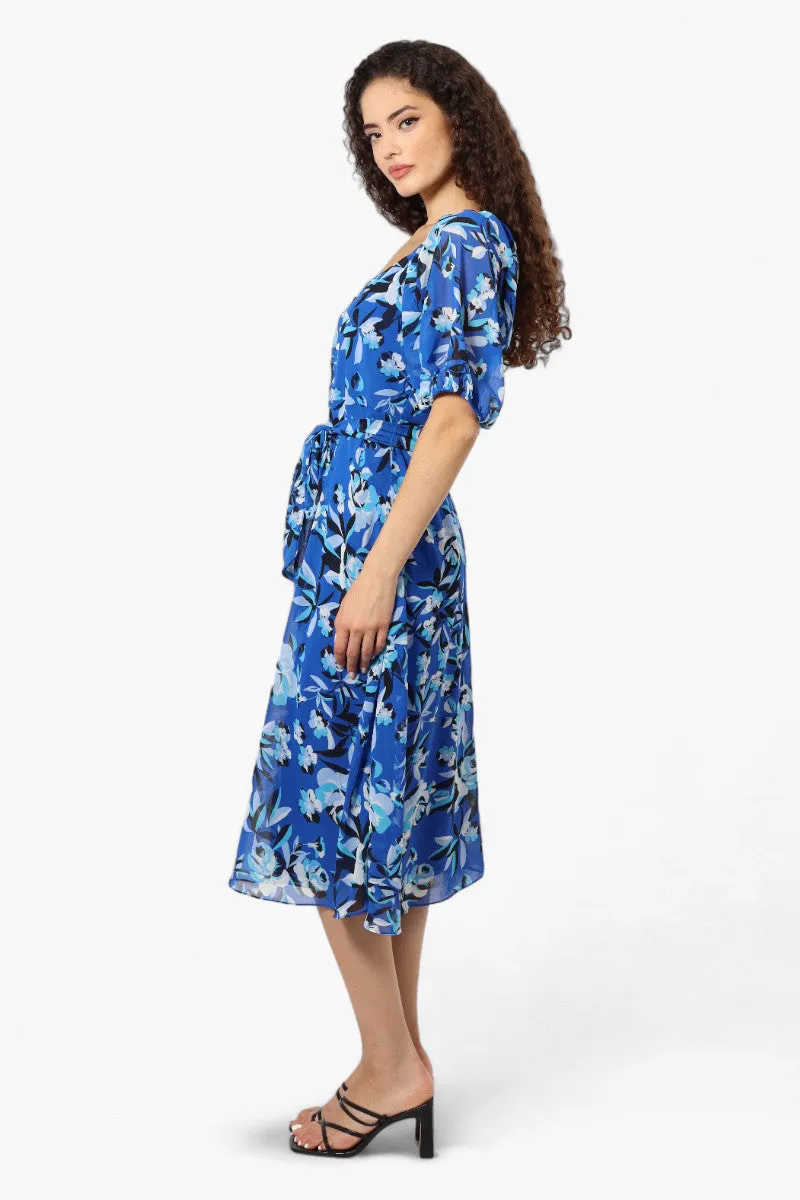 Limite Patterned Belted Puff Sleeve Maxi Dress - Blue