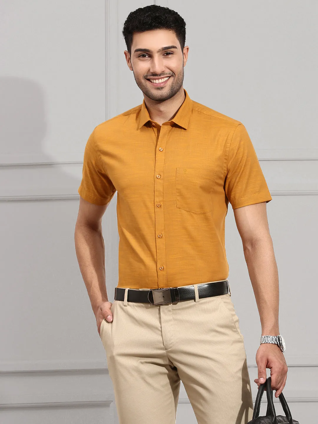 Men 100% Cotton Shirt Yellowish Brown CL2 GT32