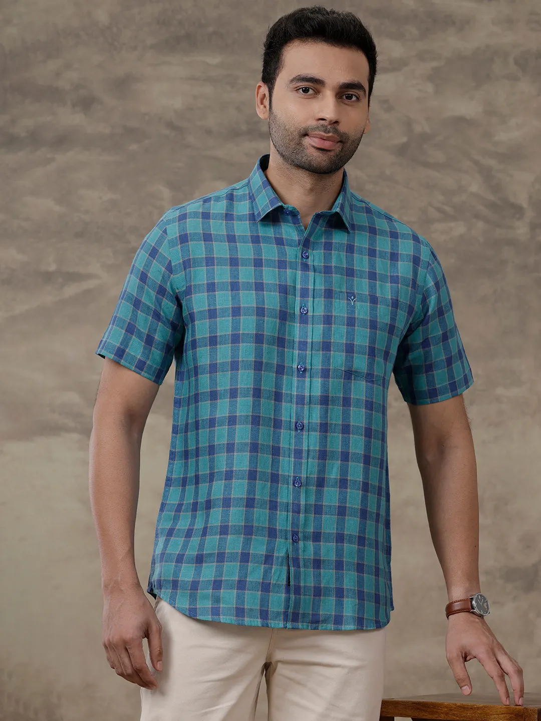 Men Pure Linen Checked Shirt Blue - LS58