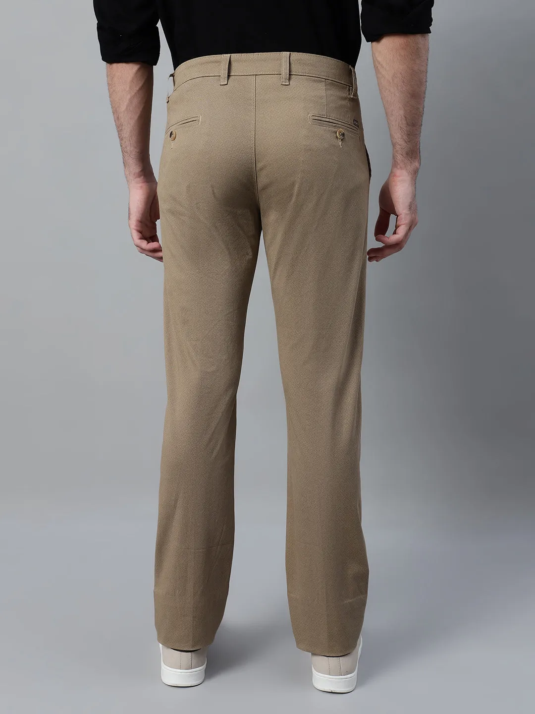 Men's Khaki Self Design Non-Pleated Casual Trouser