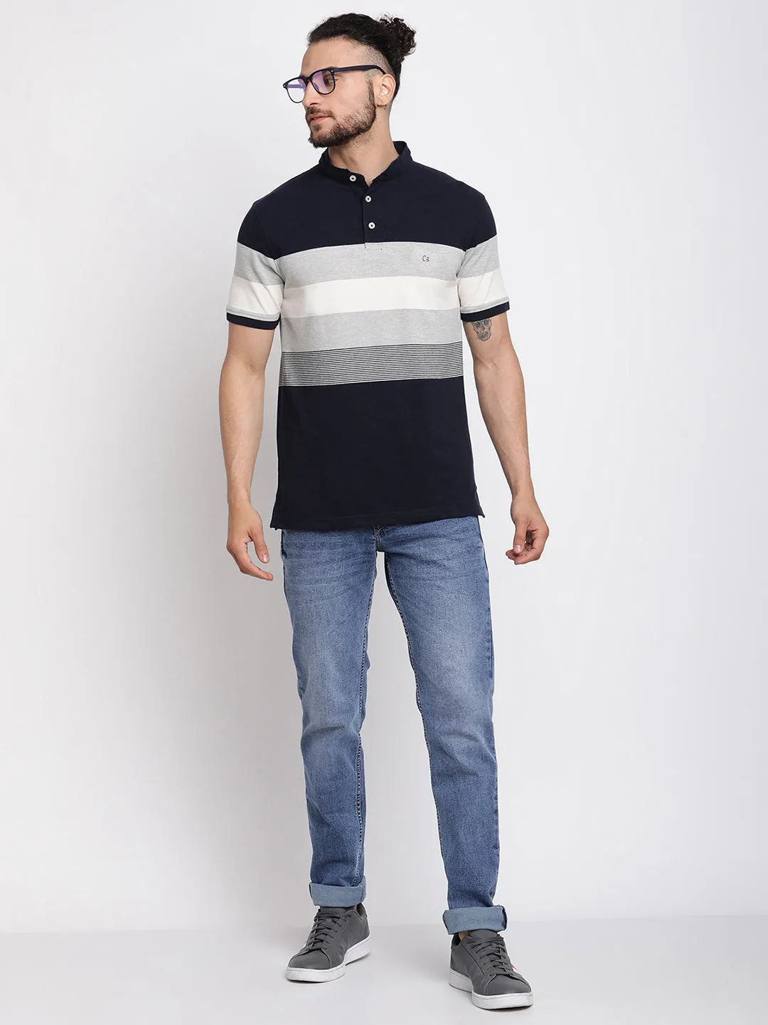 Men's Navy Blue Stripe Mandarin neck Half Sleeve T-Shirt