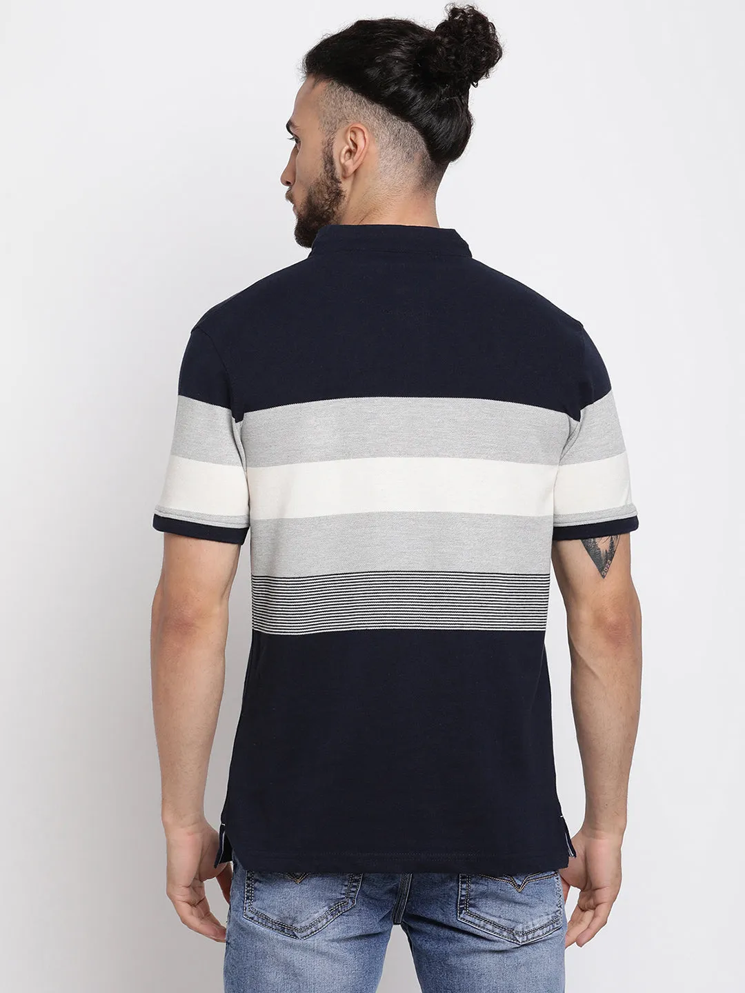 Men's Navy Blue Stripe Mandarin neck Half Sleeve T-Shirt