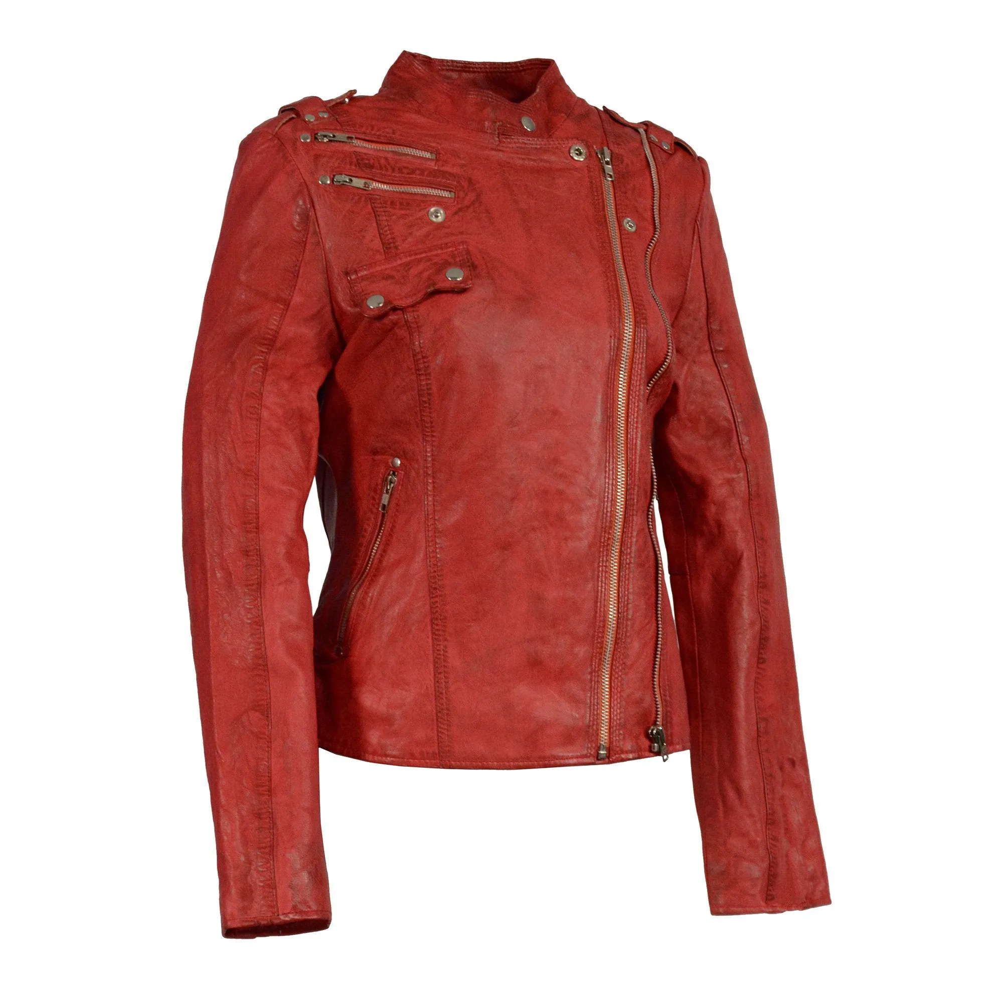 Milwaukee Leather-SFL2845-Ladies Distressed Red Leather Motorcycle Jacket  Look with Asymmetrical Zipper