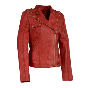 Milwaukee Leather-SFL2845-Ladies Distressed Red Leather Motorcycle Jacket  Look with Asymmetrical Zipper