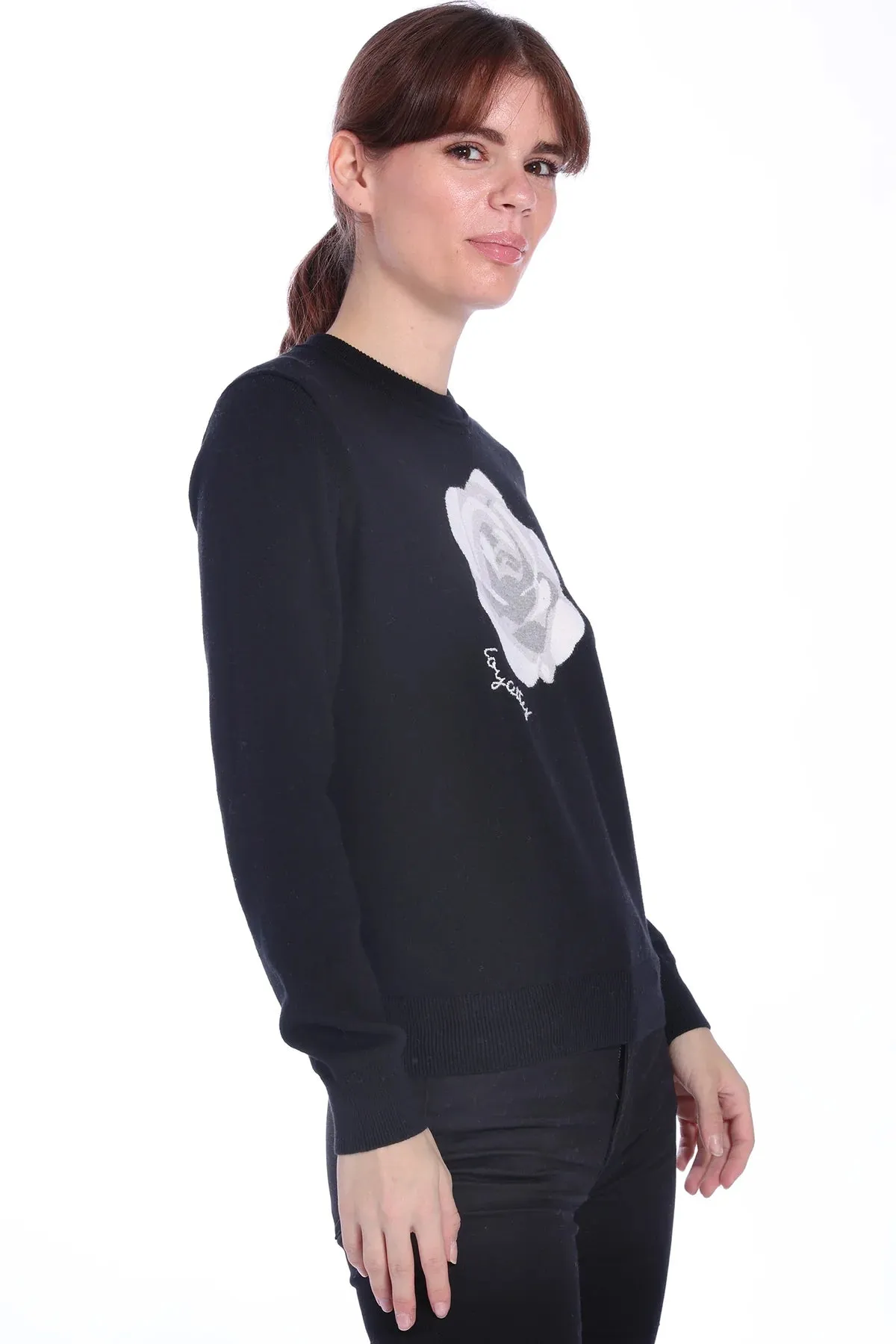 Minnie Rose Cashmere Rose Intarsia Crew with Embroidery