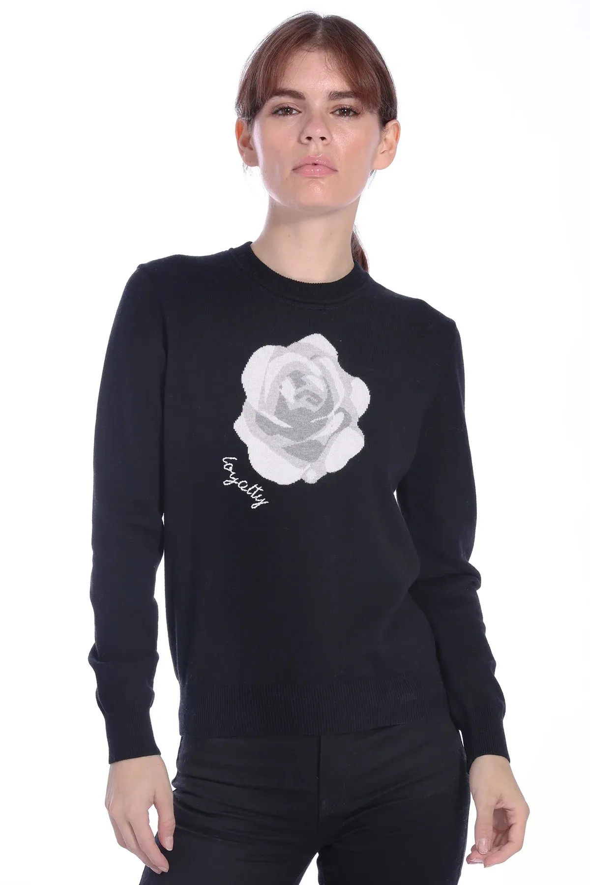 Minnie Rose Cashmere Rose Intarsia Crew with Embroidery